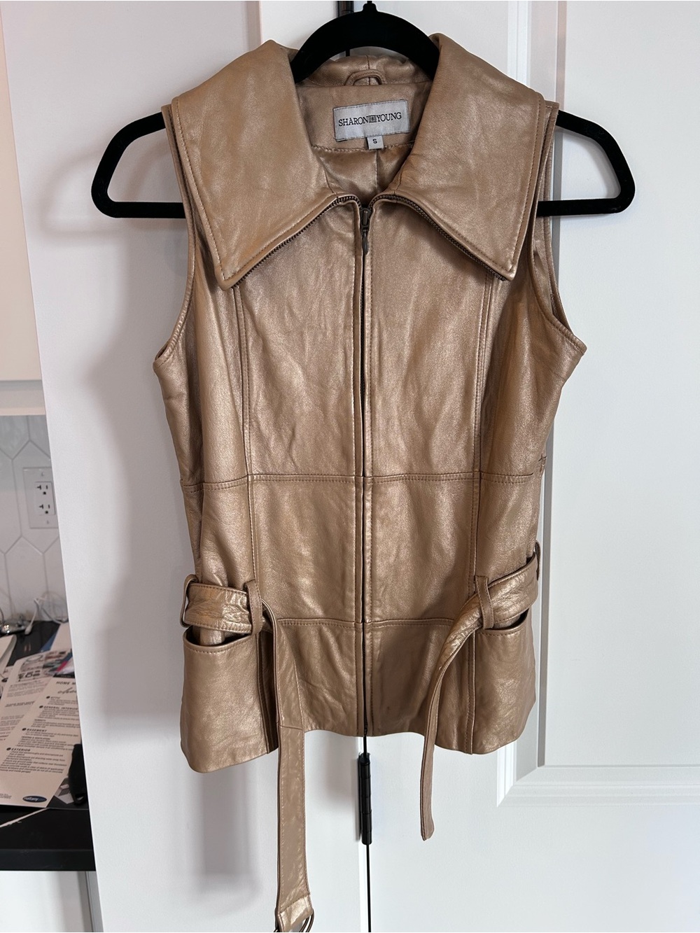 Sharon Young Gold Leather Vest Streetwear Festival Statement Piece